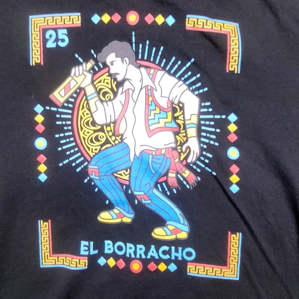 El Borracho Loteria Graphic T-Shirt Mens Black Size Medium Lane Seven